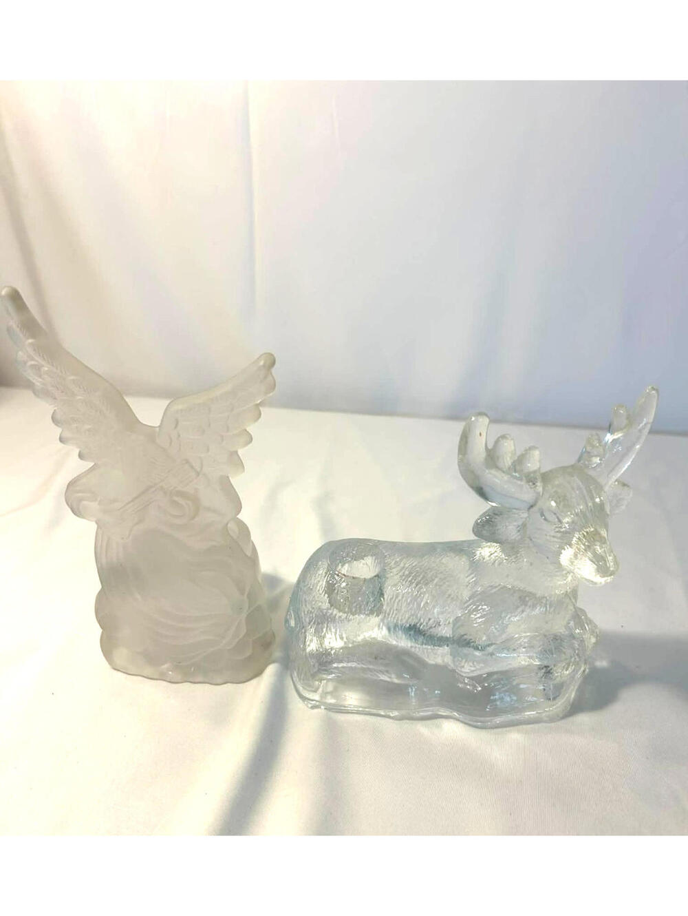 Glass Angel Figurine & Clear Glass Reindeer Candle Holder Set | Holiday Décor